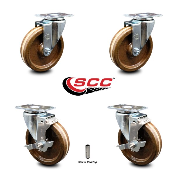 5 Inch High Temp Phenolic Wheel Swivel Top Plate Caster Set with 2 Brakes SCC